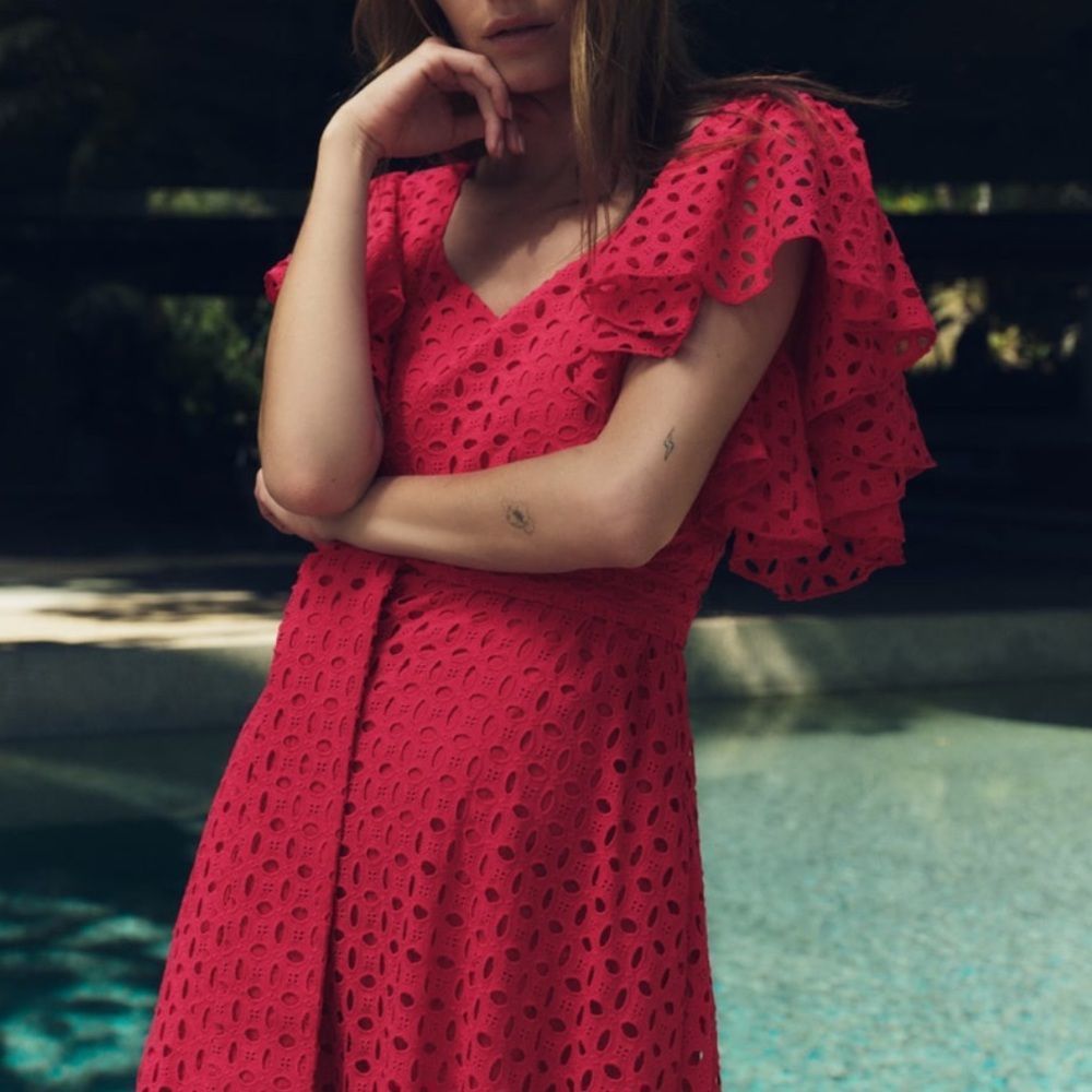 Zara Fuchsia Openwork Embroidered Midi Dress - Picture 2 of 12